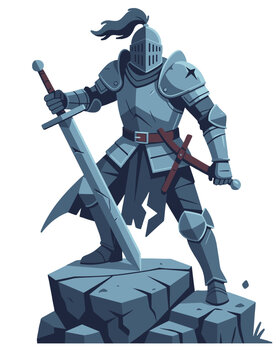 Armored Knight Standing on Rock Holding Greatsword Medieval Warrior Character