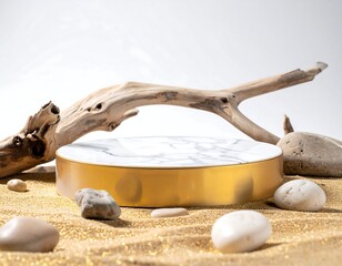 Gold-rimmed marble display platform on golden sand, accented by driftwood and stones