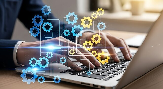 Man using laptop with abstract gears, business concept