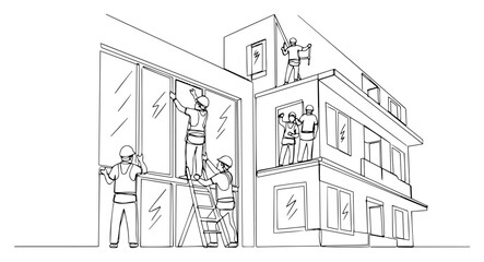 Construction Workers Installing Windows on Building Facade