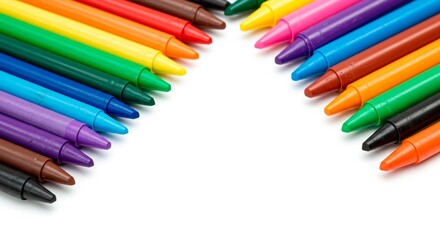 A close up shot of arranged colorful crayons on a white background in a v shape formation pattern