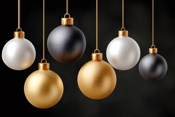 Elegant Christmas ornaments hanging on black background