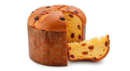 A close up shot of a sliced panettone with raisins on a white background in a well lit environment