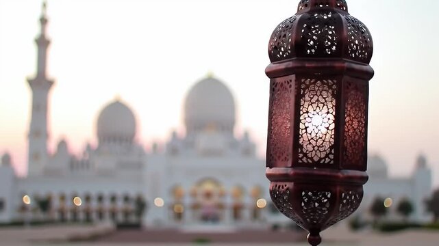 Low Angle Shot of Bronze Arabic Lantern Illuminating Mosque at Dusk in Abu Dhabi Featuring Intricate Designs Perfect for Ramadan Islam and Middle Eastern Themes