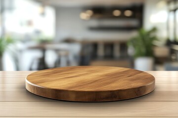 Empty Round Wood Tabletop in Bright Kitchen Interior