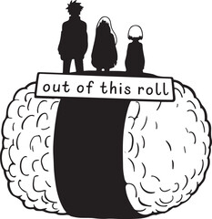 Anime silhouettes three young people on onigiri rice ball out of this roll japanese food cartoon art vector