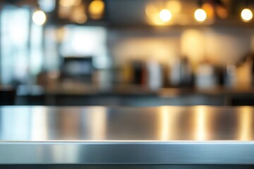 Fototapeta premium Empty Metallic Countertop in Blurred Restaurant Kitchen