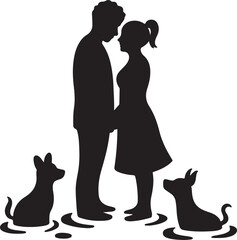 Romantic couple silhouette with dogs in rain puddles peaceful moment embrace love atmosphere gentle scene vector