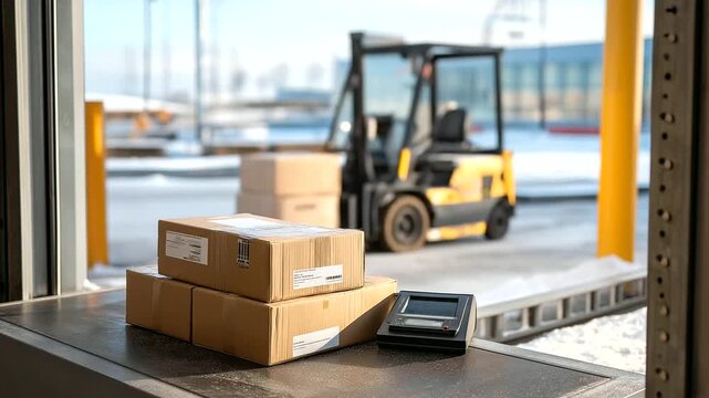 In a snowy warehouse inspecting packages leaves a stack of cardboard boxes their flaps torn unattended on a concrete floor its surface slick with melted snow. A metal scanner