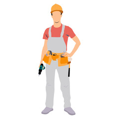 Male construction workers with helmets and vests. Vector flat style illustration isolated on white