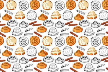 Seamless pattern of Round bun sketch, Swirled pastry with cinnamon. Buns with and without icing. Pastry sweet bakery vector. Repeated freehand drawing background for wallpaper, wrapping, scrapbooking