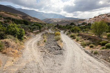 Nacimiento dry river with a view of Abla town, province of Almeria, Andalusia, Spain