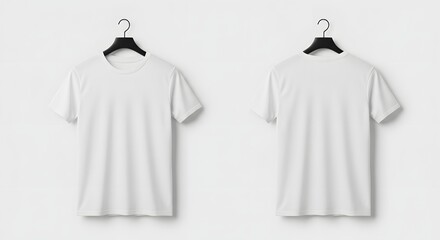 Blank white t-shirts hanging on hangers against a plain white background, presented from front and back views