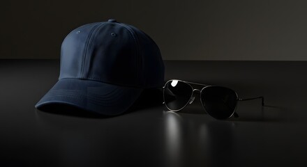 Stylish Baseball Cap and Sunglasses Arrangement on a Dark Reflective Surface, Studio Lighting