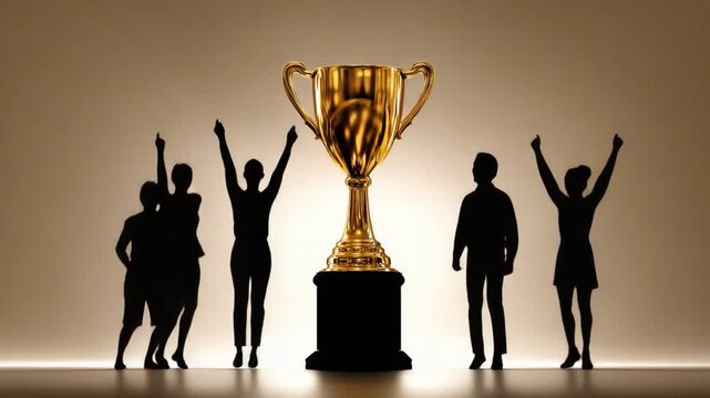 A group of silhouetted figures joyfully celebrating their victory by lifting a golden trophy. The image captures the essence of teamwork, success, and achievement in sports.