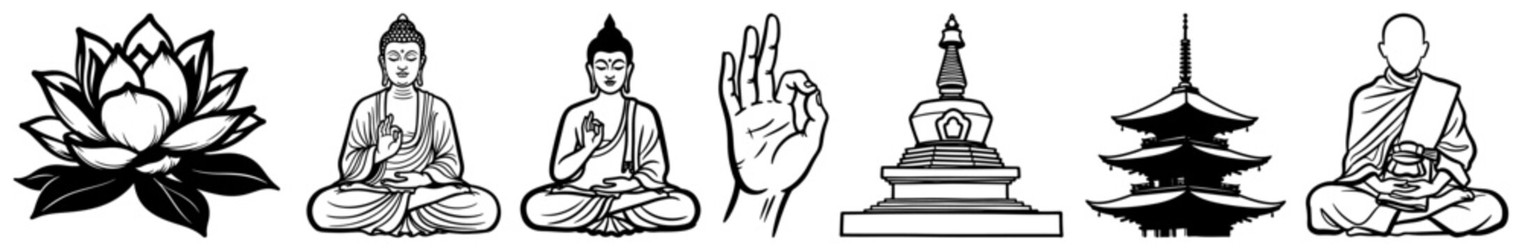 Buddhist Icons with Buddha Lotus Stupa and Monk