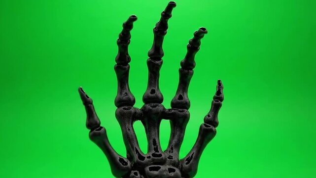 Depict a solid-colored skeletal hand reaching upward, twitching slightly on green screen