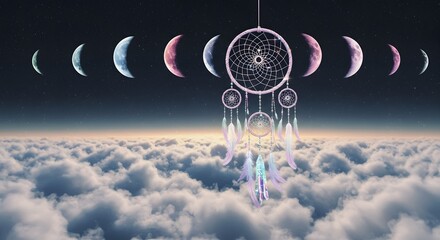 Dreamcatcher hanging in the sky amongst the phases of the moon above the clouds