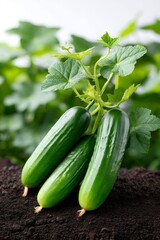 Fresh green cucumbers growing in rich dark soil