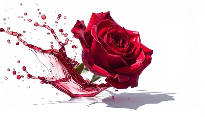 A hyper-realistic splash of red wine frozen mid-air, shaped like a blooming rose, with sharp shadows on a stark white background