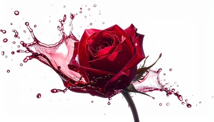 A hyper-realistic splash of red wine frozen mid-air, shaped like a blooming rose, with sharp shadows on a stark white background