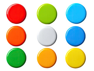 Nine brightly colored, round buttons arranged in a grid