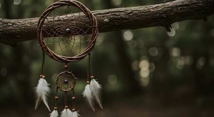 Dreamcatcher hanging from a tree branch in a moody, mystical forest