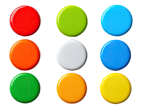 Nine brightly colored, round buttons arranged in a grid
