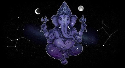 Enchanting Ganesha illustration surrounded by celestial bodies and constellations against a starry cosmic background, symbolizing divine wisdom and cosmic connection