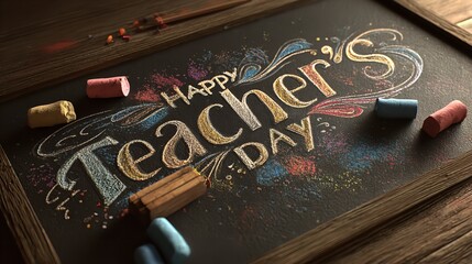 Happy teachers day chalk art on blackboard with colorful chalk pieces scattered around, celebrating educators and their important role in society