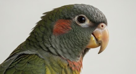 Close up of a colorful parrot head with detailed feathers and sharp beak