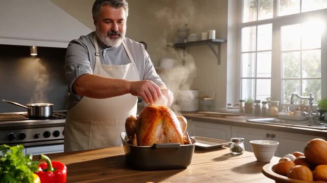 Chef cuisinier pr&eacute;parant une dinde r&ocirc;tie