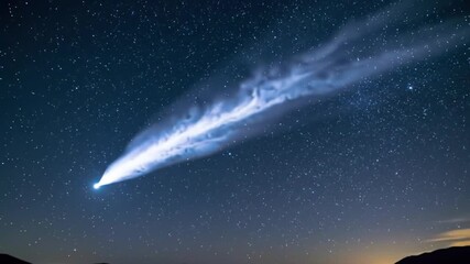 A luminous comet with a long, glowing tail streaks across the vast, star-filled night sky above a dark landscape.