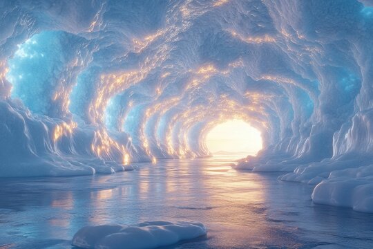 Icebergs scattered inside a vast ice cave.