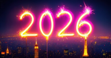 Bright neon numbers display year 2026 above city skyline. Fireworks illuminate vibrant purple, pink hues. Festive celebration imagery.