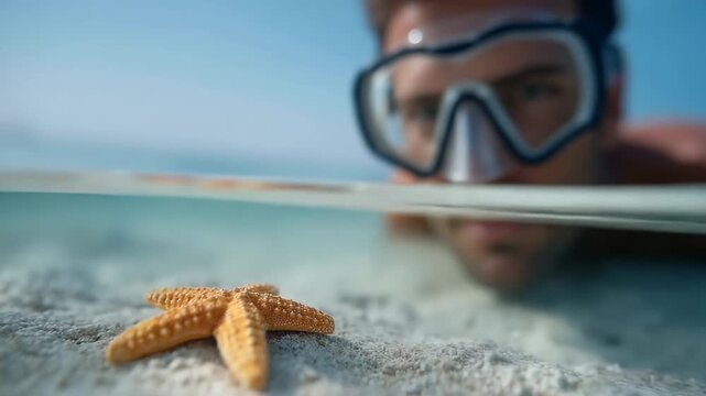 Snorkeler wearing a blue diving mask gliding near colorful starfish resting on sandy seabed in crystal clear shallow tropical waters with vibrant marine landscape