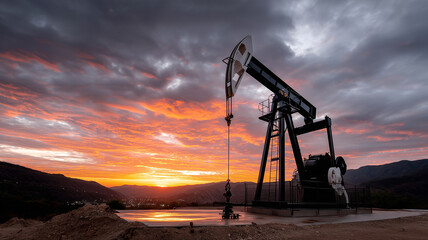 Oil pump jack at sunset with dramatic sky and mountains in the background. Industrial landscape symbolizing energy, petroleum extraction, and fossil fuel industry