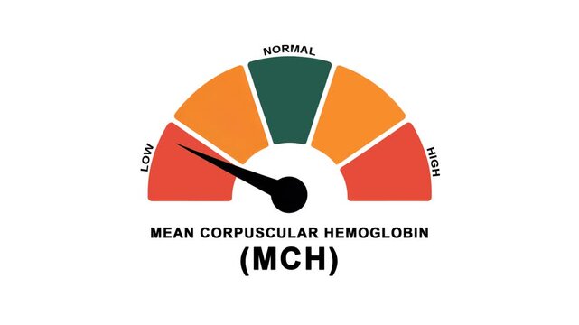 Animated MCH (mean corpuscular hemoglobin) level meter moving from low level to normal level, ideal for concepts related to blood health, anemia management, and medical monitoring