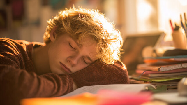 A tired teenage boy fell asleep at his desk in the soft morning light, resting his head on an open notebook among books and papers after a long night of studying