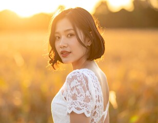 Woman in white lace dress, backlit by sunset in a field