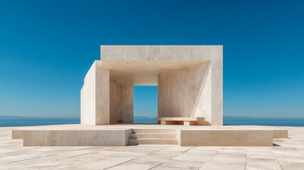 Minimalist stone architecture structure with open space design, placed by the sea under clear blue sky, showcasing modern geometry and clean architectural lines.