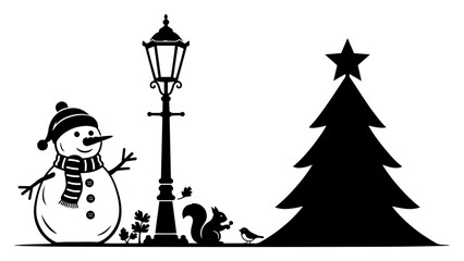 Snowman with Street Lamp and Christmas Tree Scene