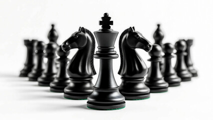 Strategic Leadership: Black Chess King Standing Before His Army on a White Background