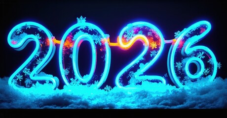 Bright neon numbers display year 2026. Snowflakes surround digits, resting on snowy surface. Vivid blue, orange glow present.