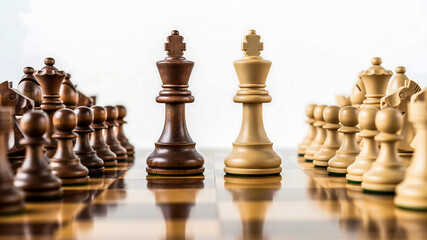 Business Rivalry: Two Opposing Chess Kings Facing Off on a Wood Chessboard