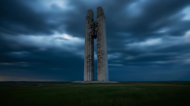 Dramatic view of Vimy Memorial in France under storm clouds, war monument on green field landscape.