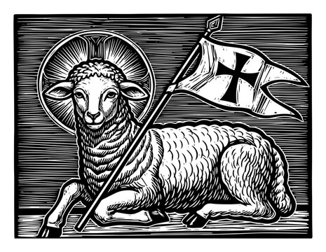 Agnus Dei Lamb of God with Banner Woodcut