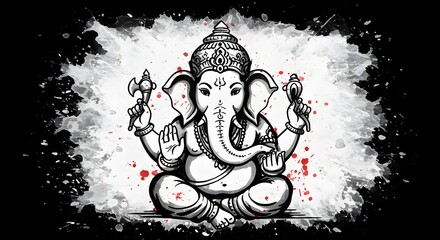 Modern artistic depiction of the Hindu deity Ganesha sitting in a lotus pose with a creative splash effect on a black background