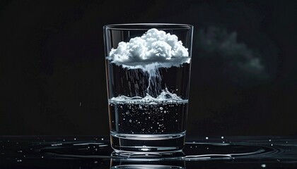 A crystal-clear glass of water with a miniature storm cloud inside it, raining only over the water, on a glossy black surface