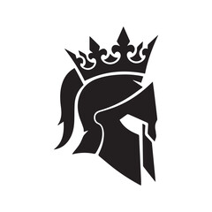 Spartan Helmet with Royal Crown Silhouette. Ancient Warrior King Headgear Vector Logo.
